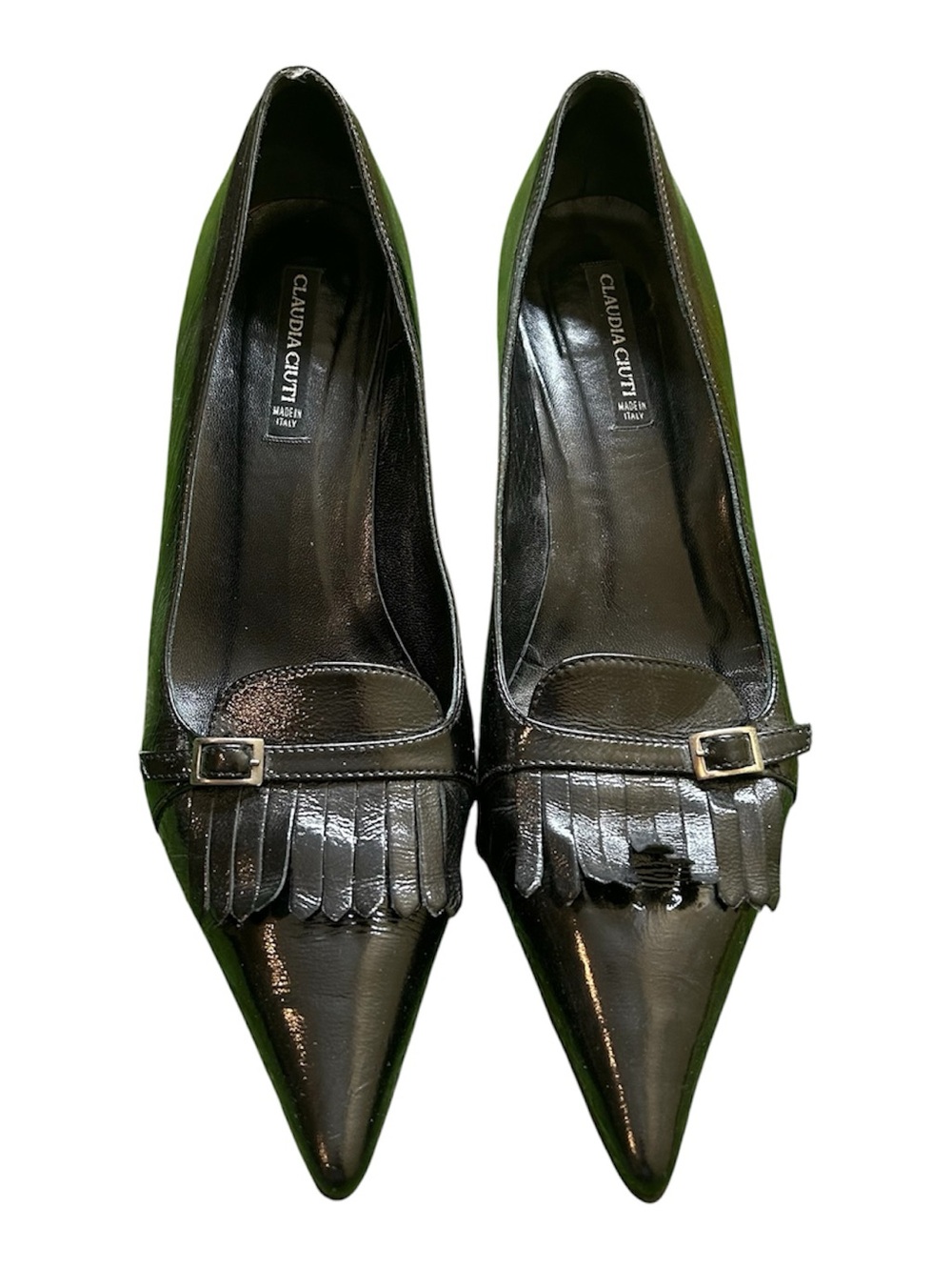 Claudia Ciuti Black Patent Pointed Pumps with Fringe